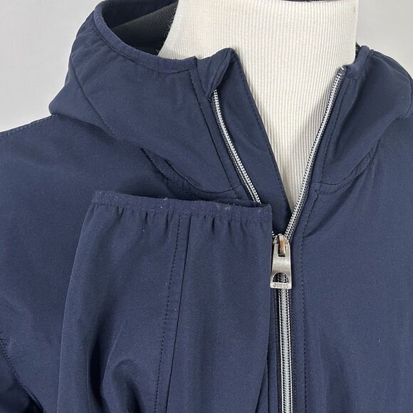 Guess Large Hooded Soft Shell Jacket Full Zip Fleece Lined Navy Blue Poly Blend - Picture 4 of 5